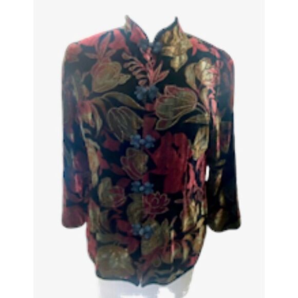Velvet Silk Blend Floral Jacket Mandarin Collar Frog Clos Sz M Vintage Lutar - Picture 4 of 8